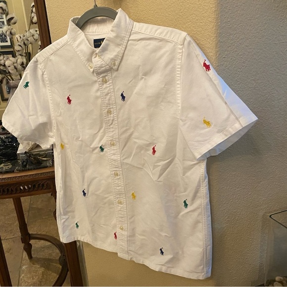 RALPH LAUREN Boys Teens Polo Pony Oxford Multicolor All Over Embroidery Top-XL - Picture 3 of 9